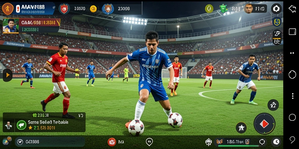 Screenshot gameplay AMAVI88 dengan aksi sepak bola nyata.