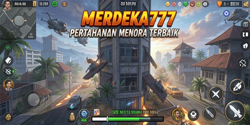 Screenshot gameplay <strong>MERDEKA777</strong> dengan pertahanan menara yang strategis.